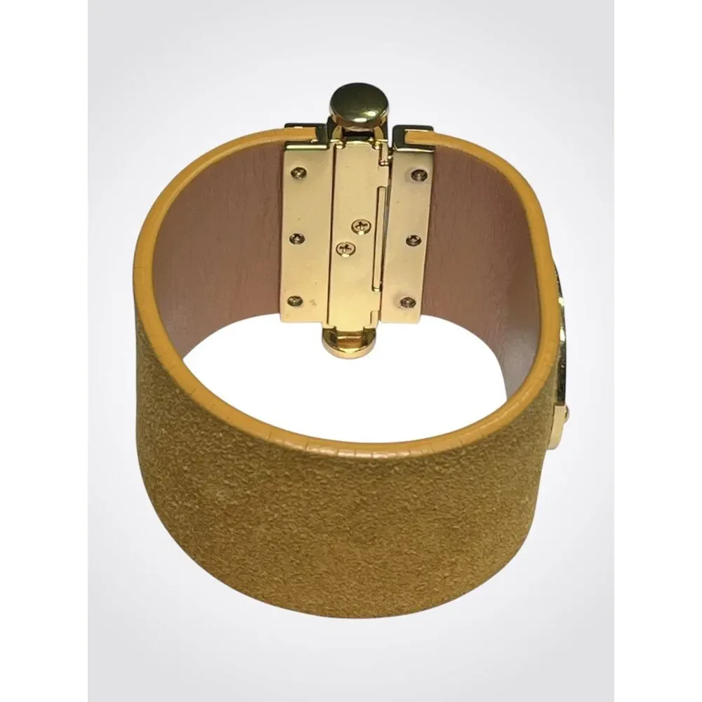 Tory Burch Cuff Bracelet Fox Coin Yellow Suede Leather Gold Tone Hardware Wide